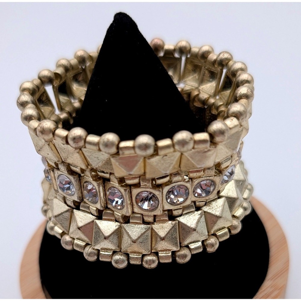 Gold Tone Pyramid Stud and Crystal Multi Strand Stretch Statement Bracelet
